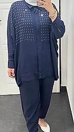 Lacivert Keten Taşlı Takım